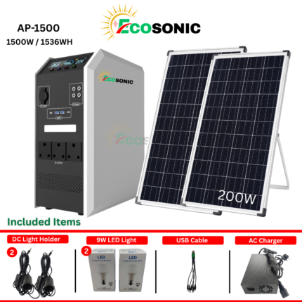 Ecosonic AP-1500 1500W 1536Wh Pure Sine Wave Solar IPS Energy Storage System 2×100W Mono Solar Panels