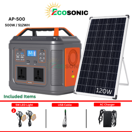 Ecosonic AP-500 500W 512Wh Portable Pure Sine Wave Solar IPS 120W Mono Solar Panel