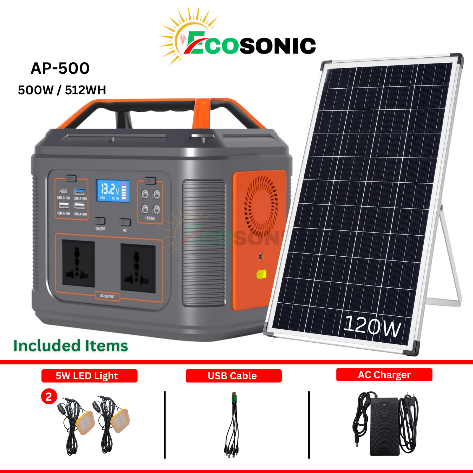 Ecosonic AP-500 500W 512Wh Portable Pure Sine Wave Solar IPS 120W Mono Solar Panel Ecosonic AP-500 500W 512Wh Portable Pure Sine Wave Solar IPS 120W Mono Solar Panel