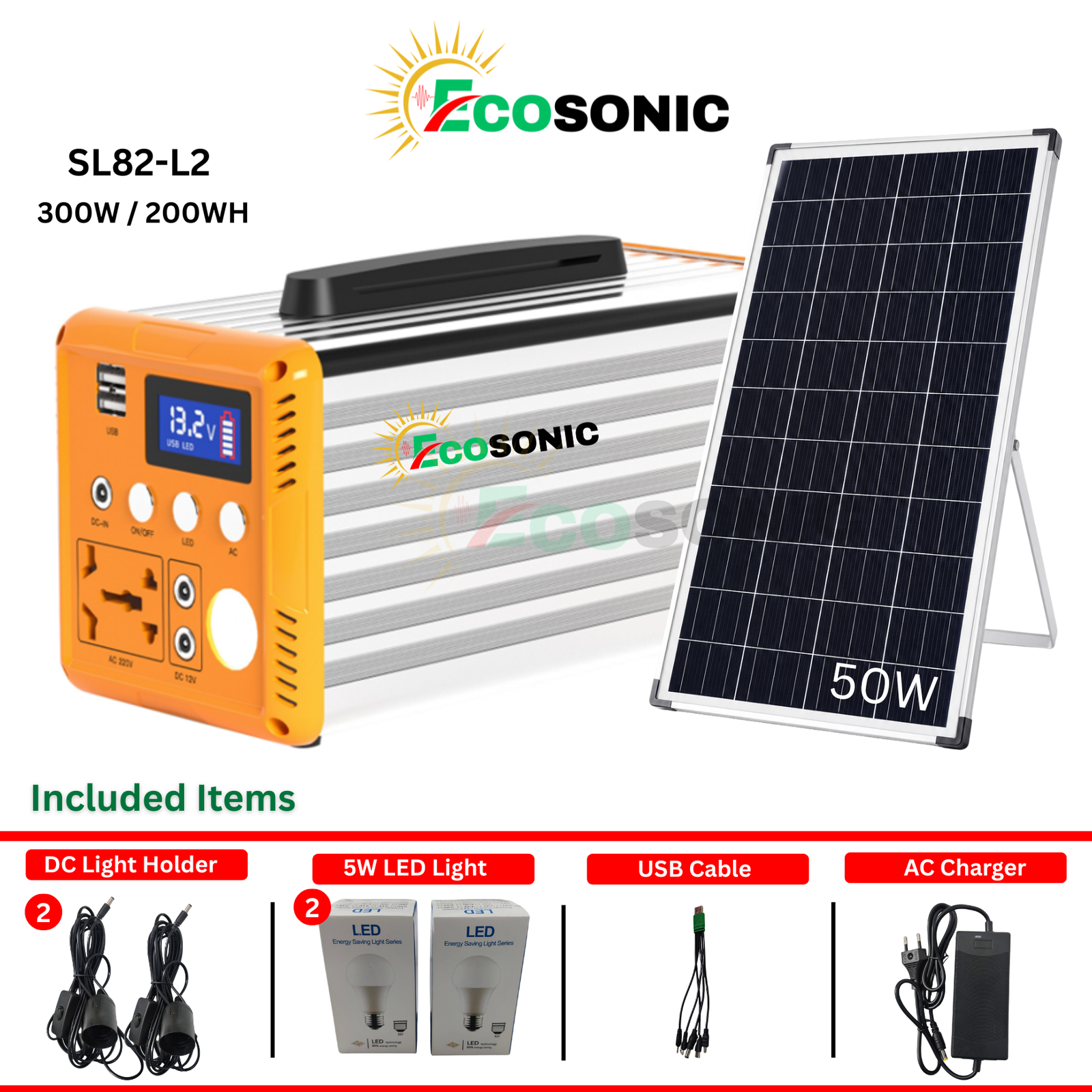 Ecosonic SL82-L2 300W 200WH Solar IPS Energy Storage System 50W Mono Solar Panel Ecosonic SL82-L2 300W 200WH Solar IPS Energy Storage System 50W Mono Solar Panel